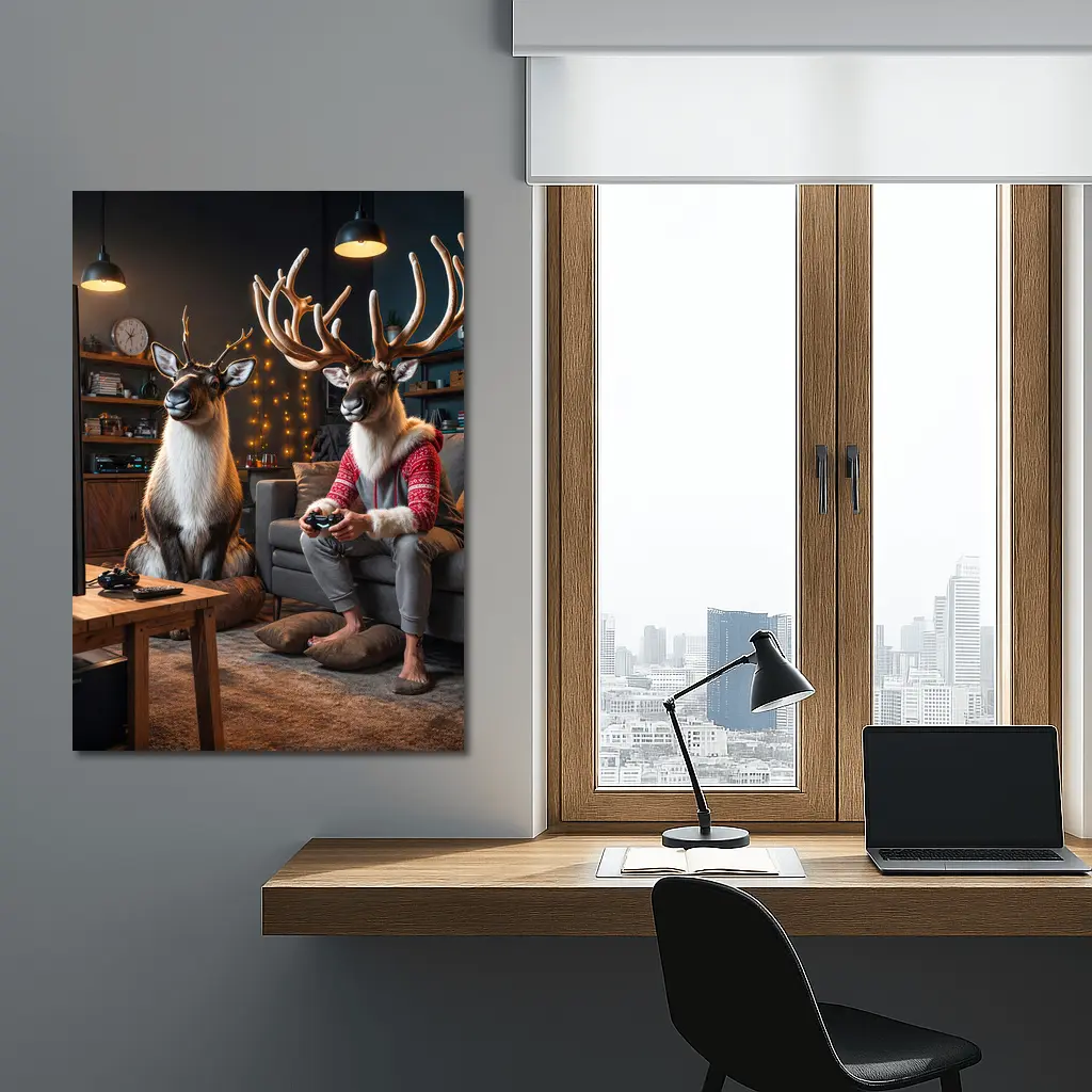 Reindeer Gamers Relaxing in Cozy Living Room – Wall Art
