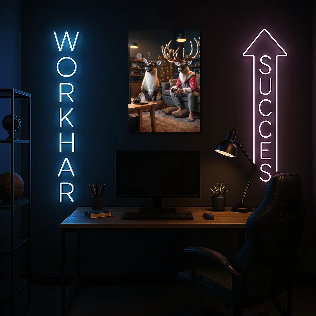 Reindeer Gamers Relaxing in Cozy Living Room – Wall Art