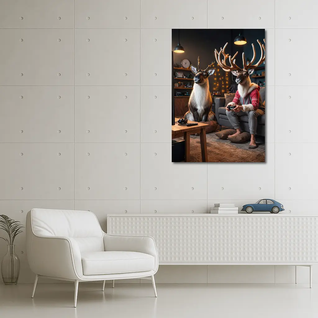 Reindeer Gamers Relaxing in Cozy Living Room – Wall Art