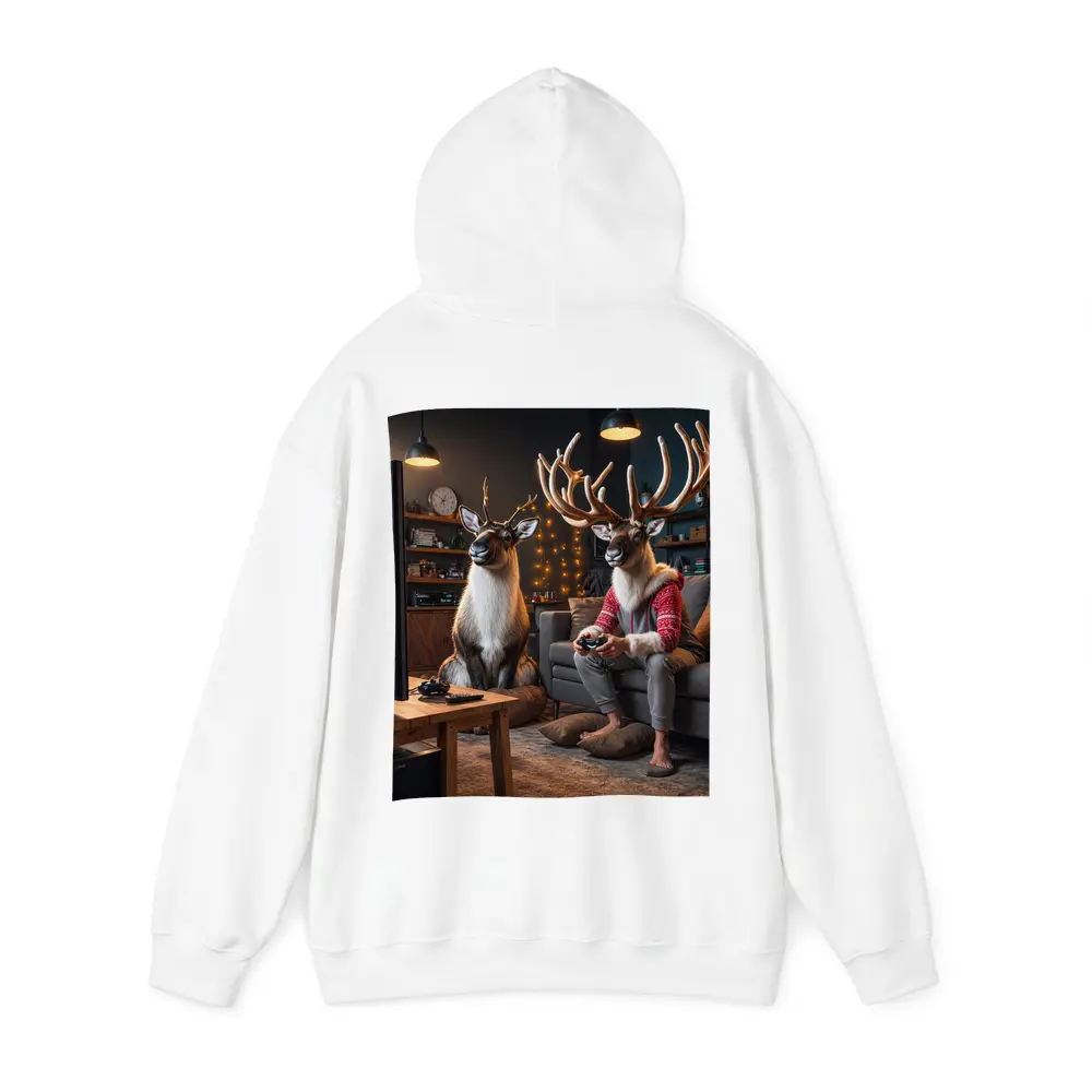 Reindeer Gamers Relaxing in Cozy Living Room – Hoodies