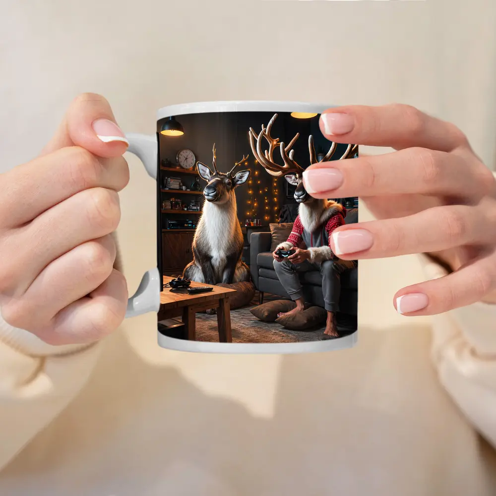 Reindeer Gamers Relaxing in Cozy Living Room – Mugs