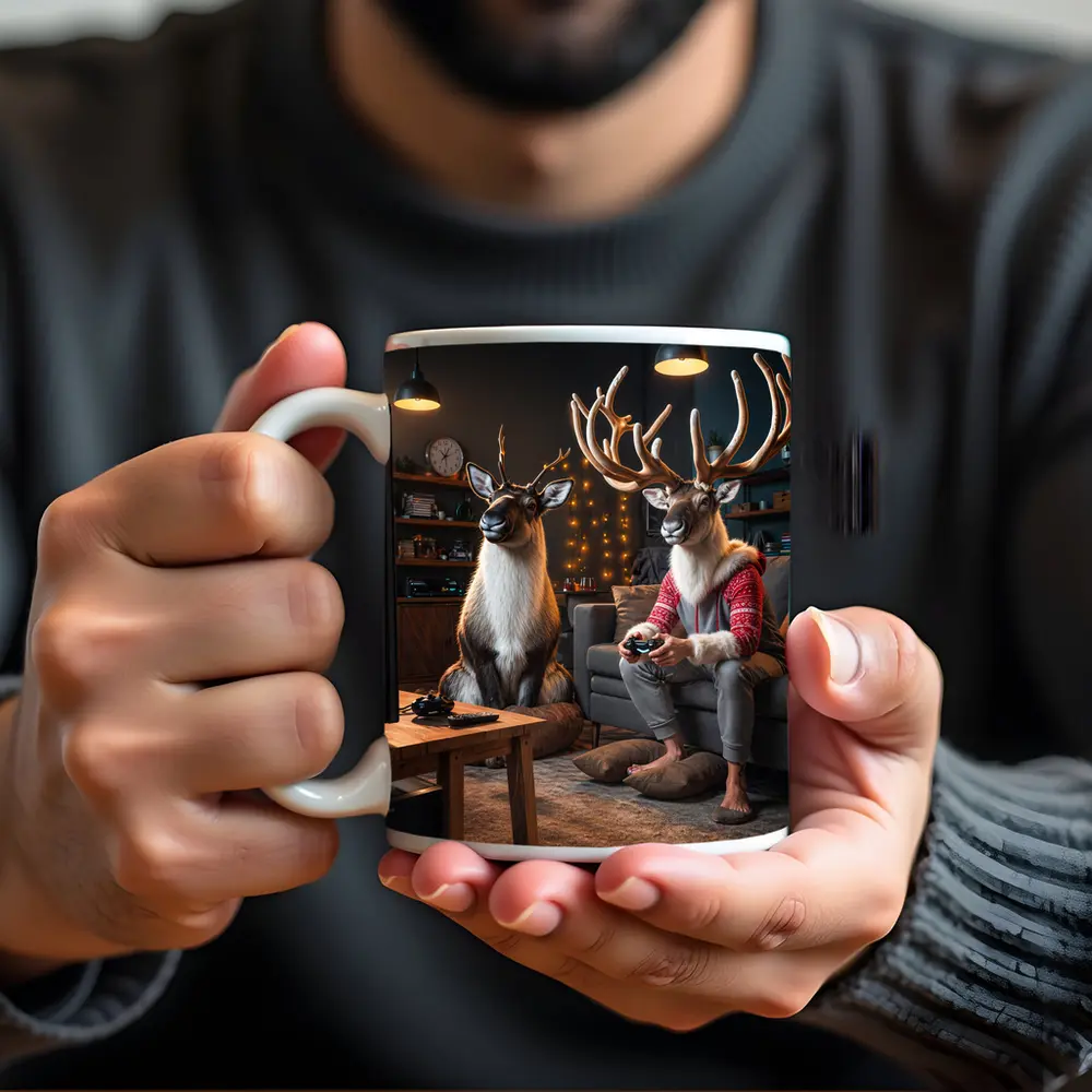 Reindeer Gamers Relaxing in Cozy Living Room – Mugs