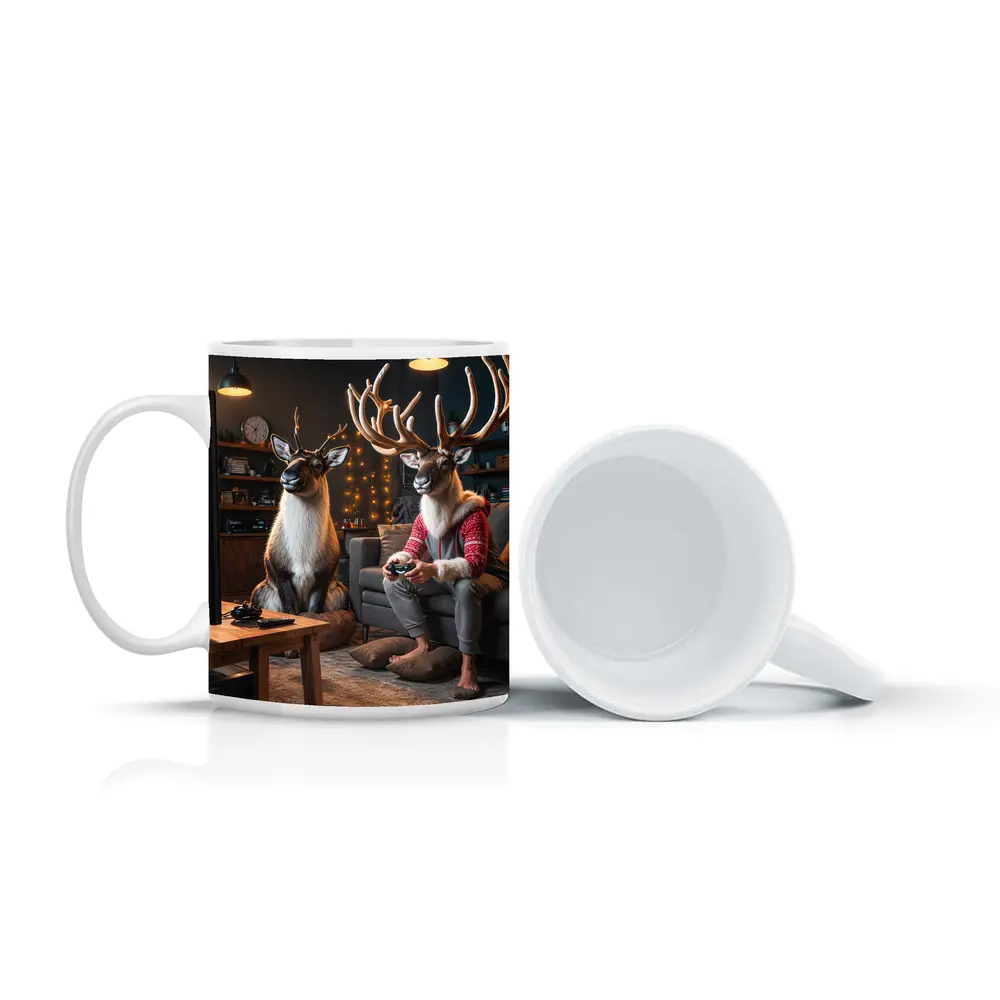 Reindeer Gamers Relaxing in Cozy Living Room – Mugs