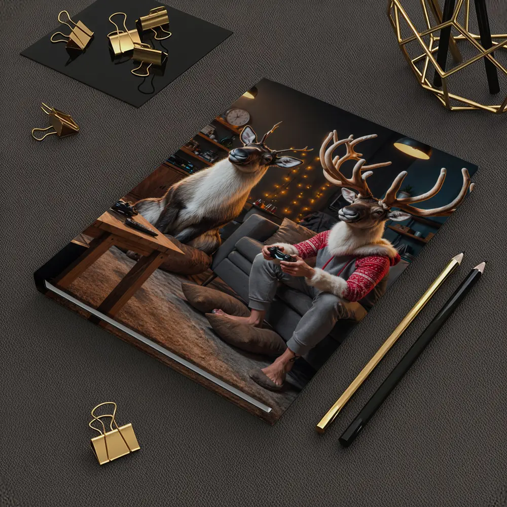 Reindeer Gamers Relaxing in Cozy Living Room – Notebooks