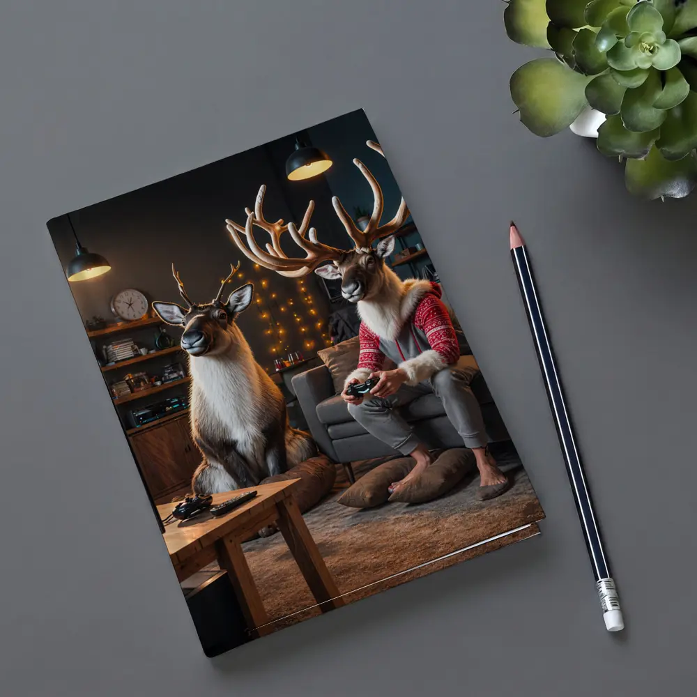 Reindeer Gamers Relaxing in Cozy Living Room – Notebooks