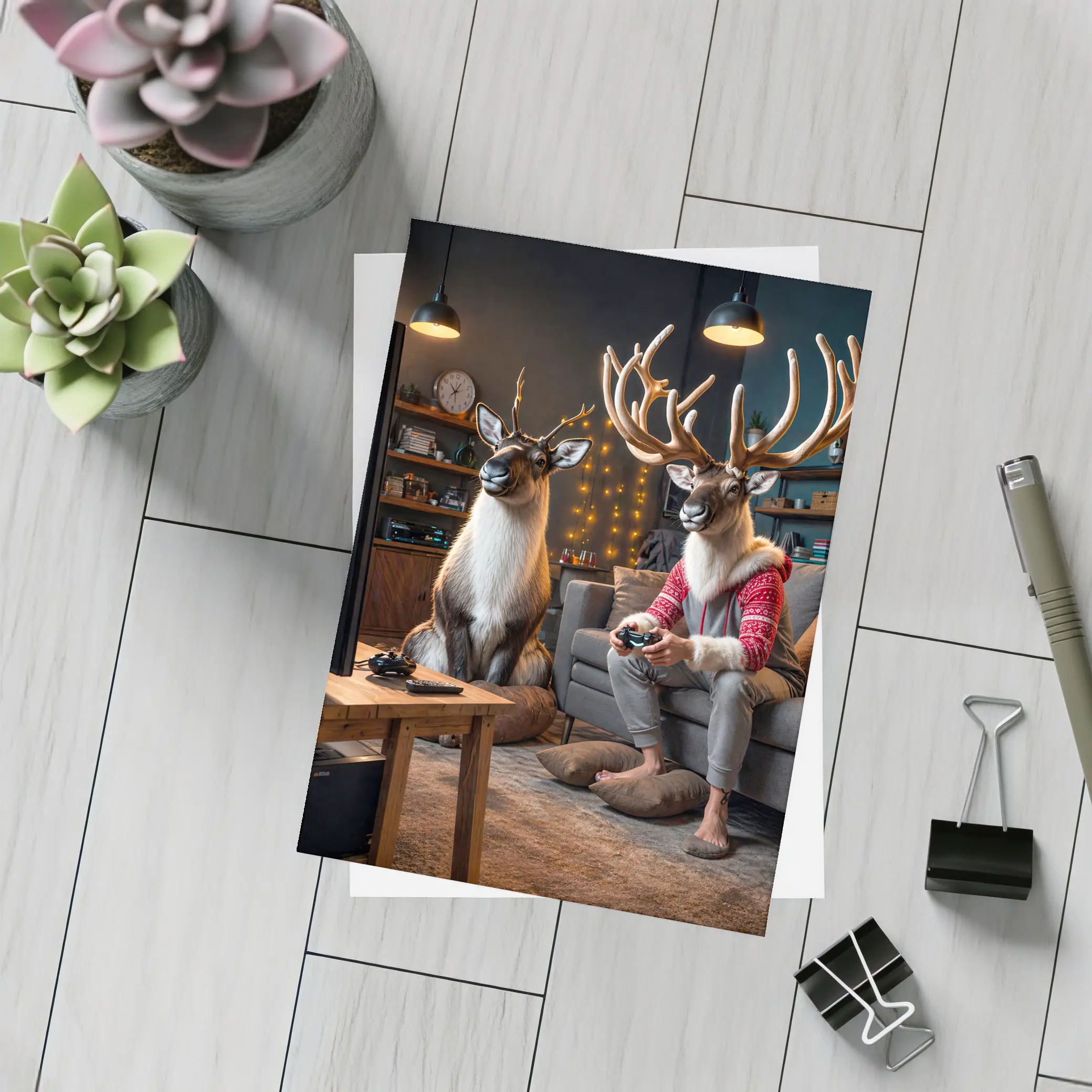Reindeer Gamers Relaxing in Cozy Living Room – Postcards