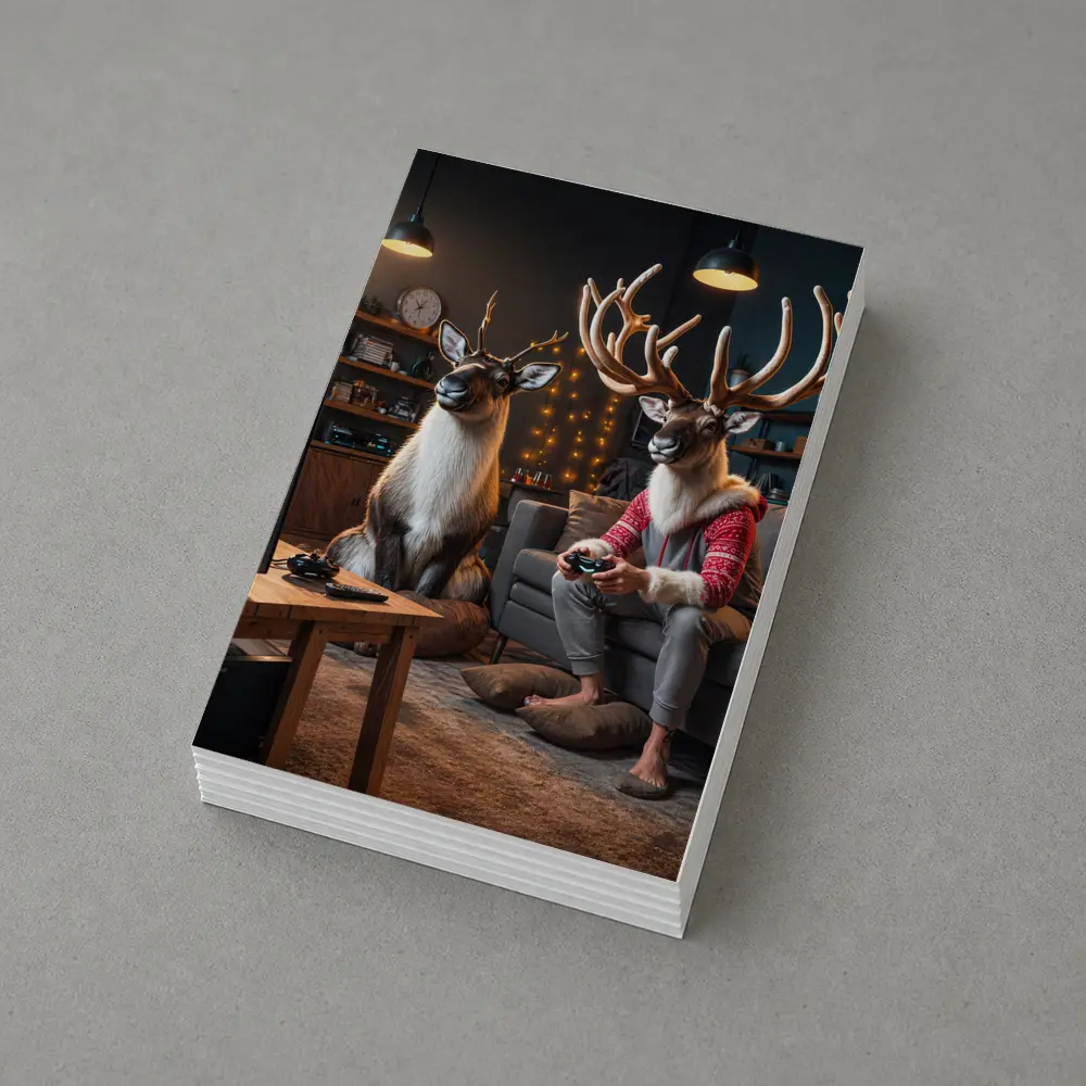 Reindeer Gamers Relaxing in Cozy Living Room – Postcards
