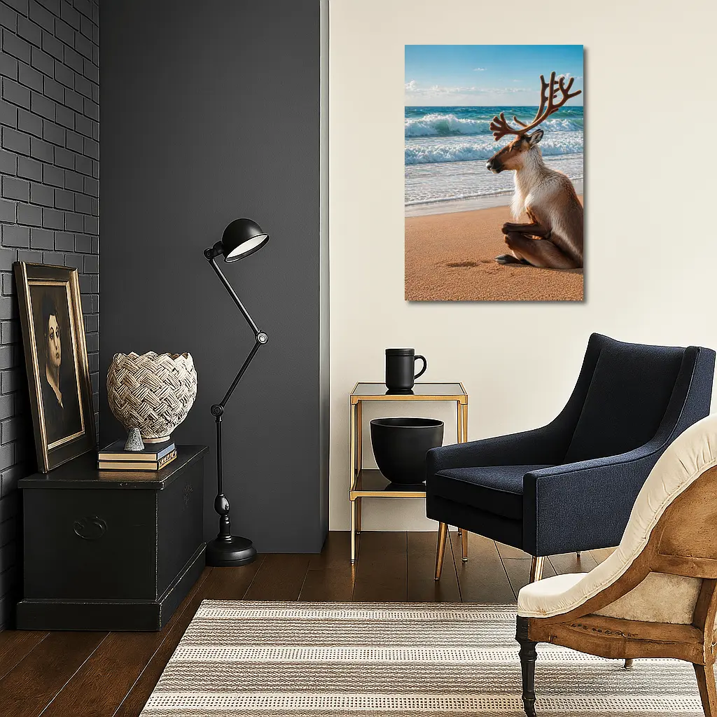 Caribou Sitting Peacefully on Sandy Beach – Wall Art