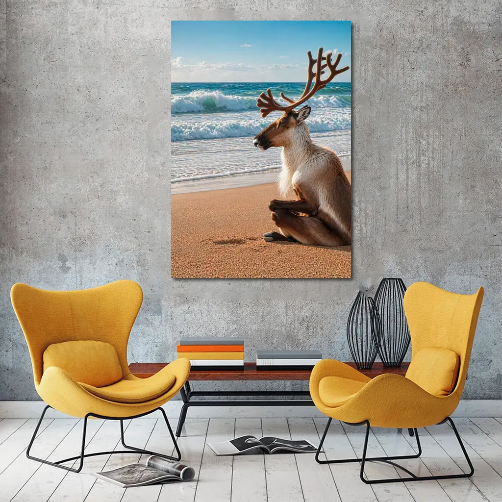 Caribou Sitting Peacefully on Sandy Beach – Wall Art