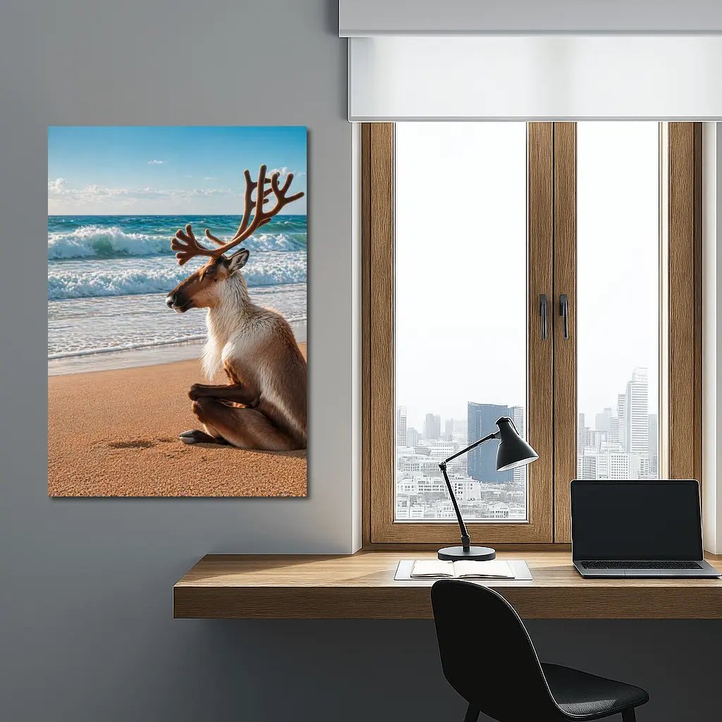 Caribou Sitting Peacefully on Sandy Beach – Wall Art