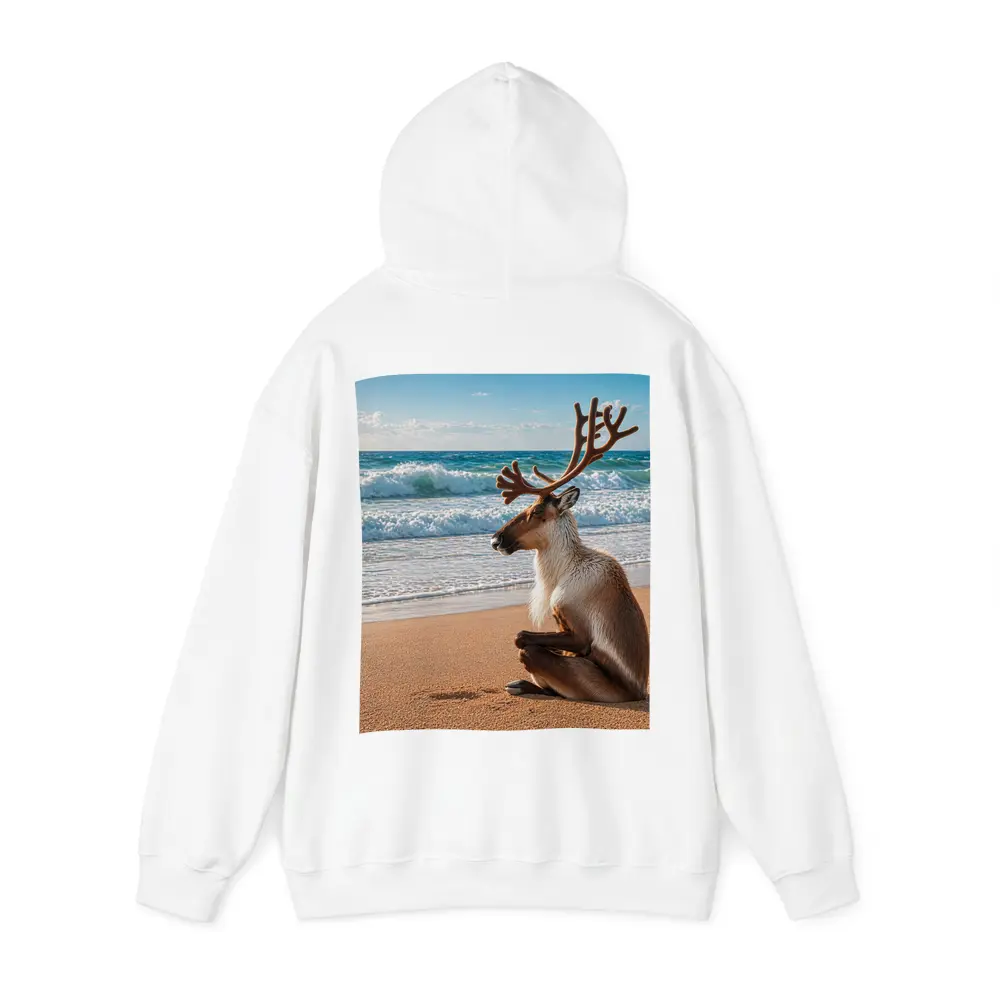 Caribou Sitting Peacefully on Sandy Beach – Hoodies