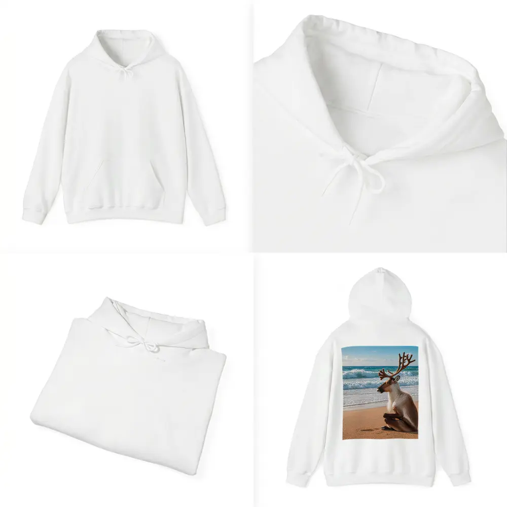Caribou Sitting Peacefully on Sandy Beach – Hoodies