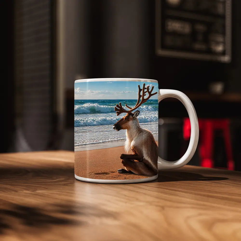 Caribou Sitting Peacefully on Sandy Beach – Mugs