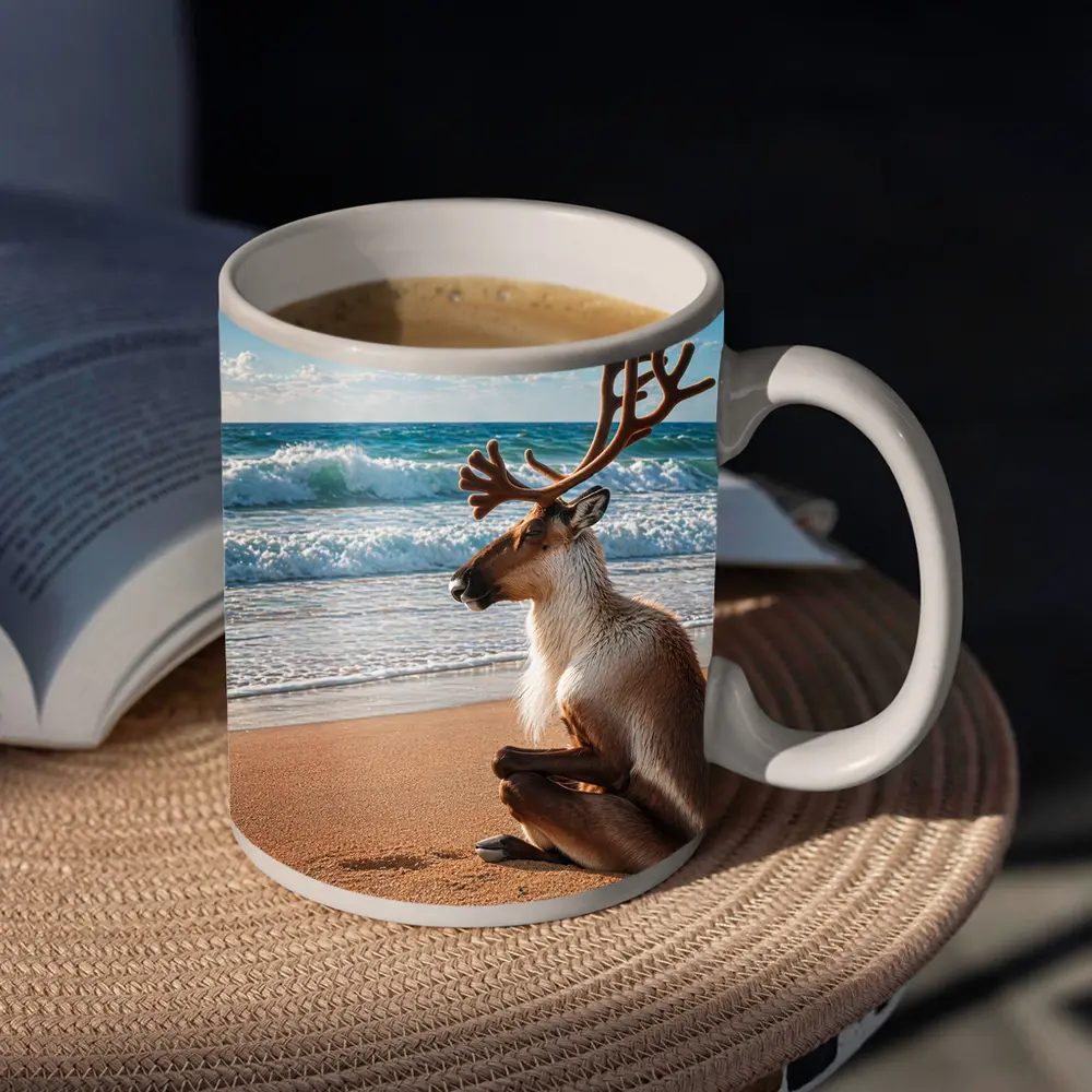Caribou Sitting Peacefully on Sandy Beach – Mugs