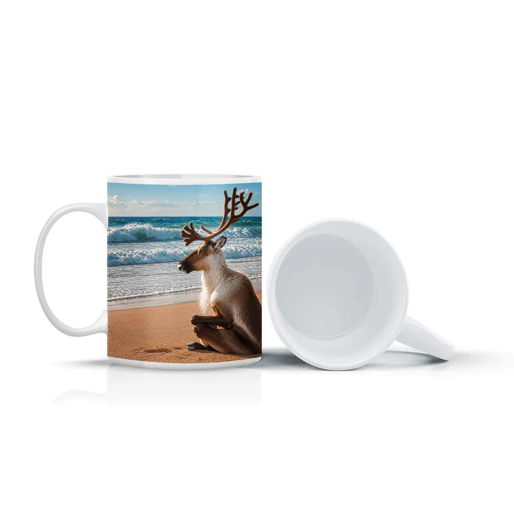 Caribou Sitting Peacefully on Sandy Beach – Mugs