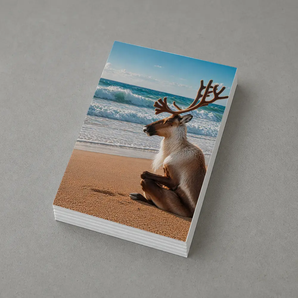 Caribou Sitting Peacefully on Sandy Beach – Postcards