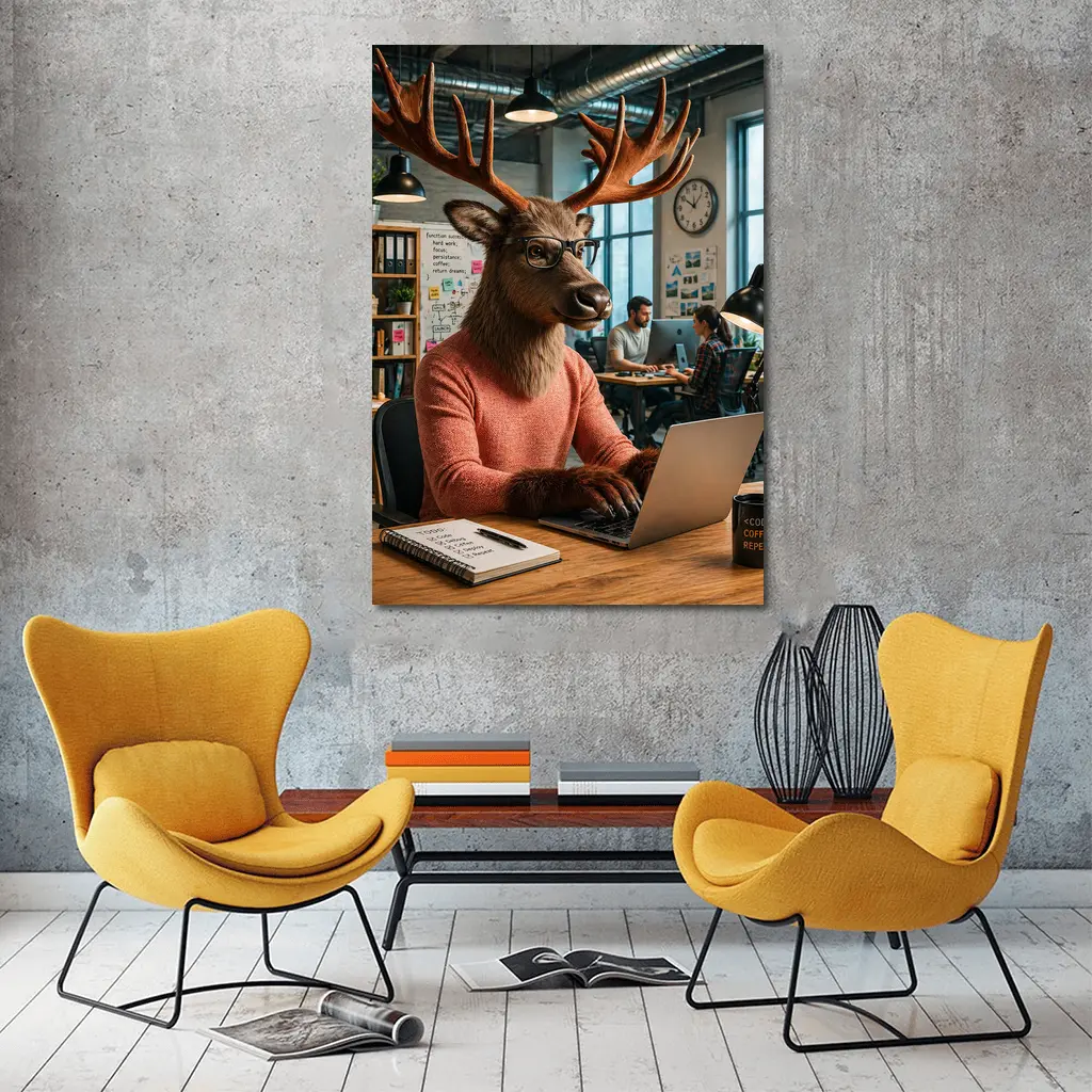 Deer Programmer Working Laptop Office Coworking – Wall Art
