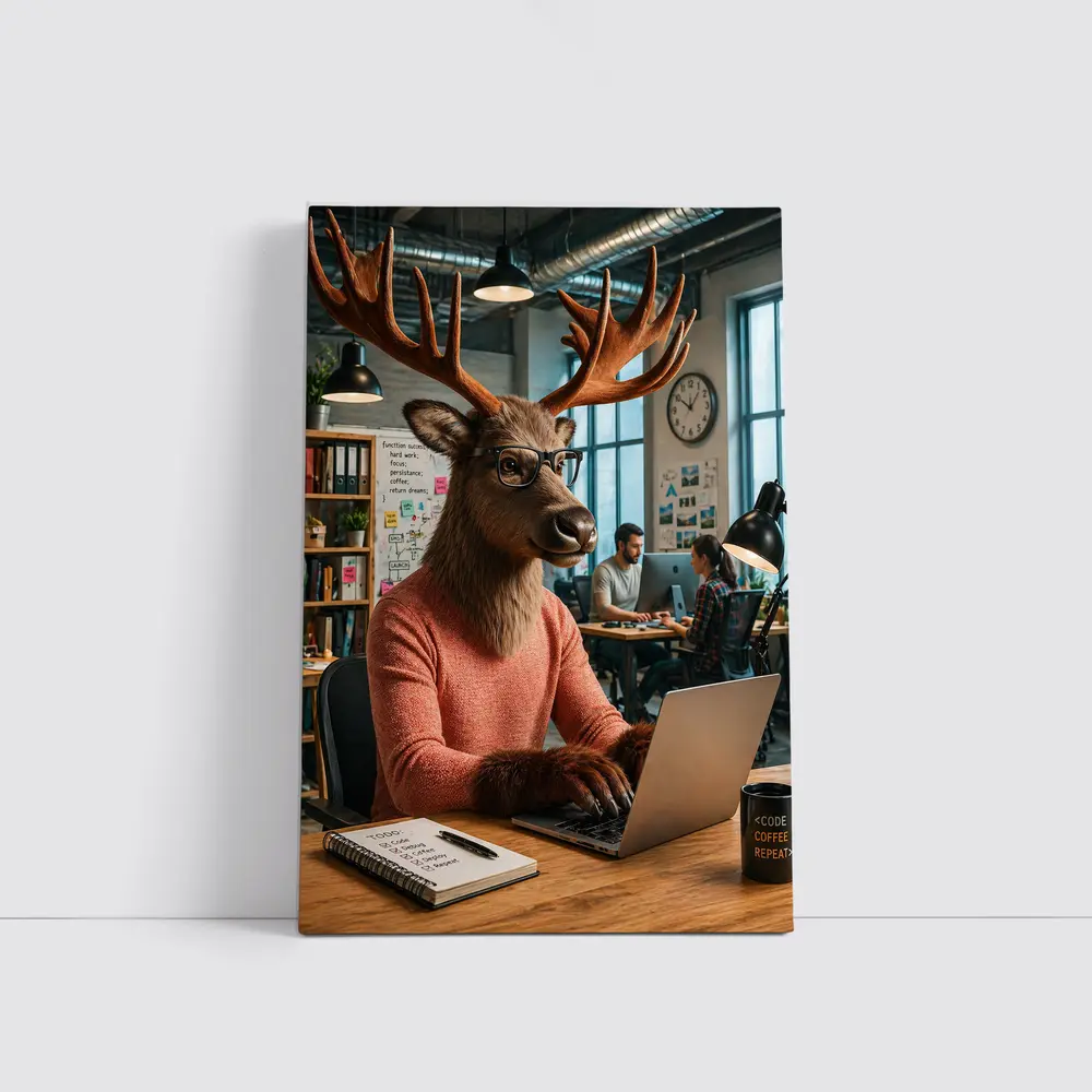 Deer Programmer Working Laptop Office Coworking – Wall Art