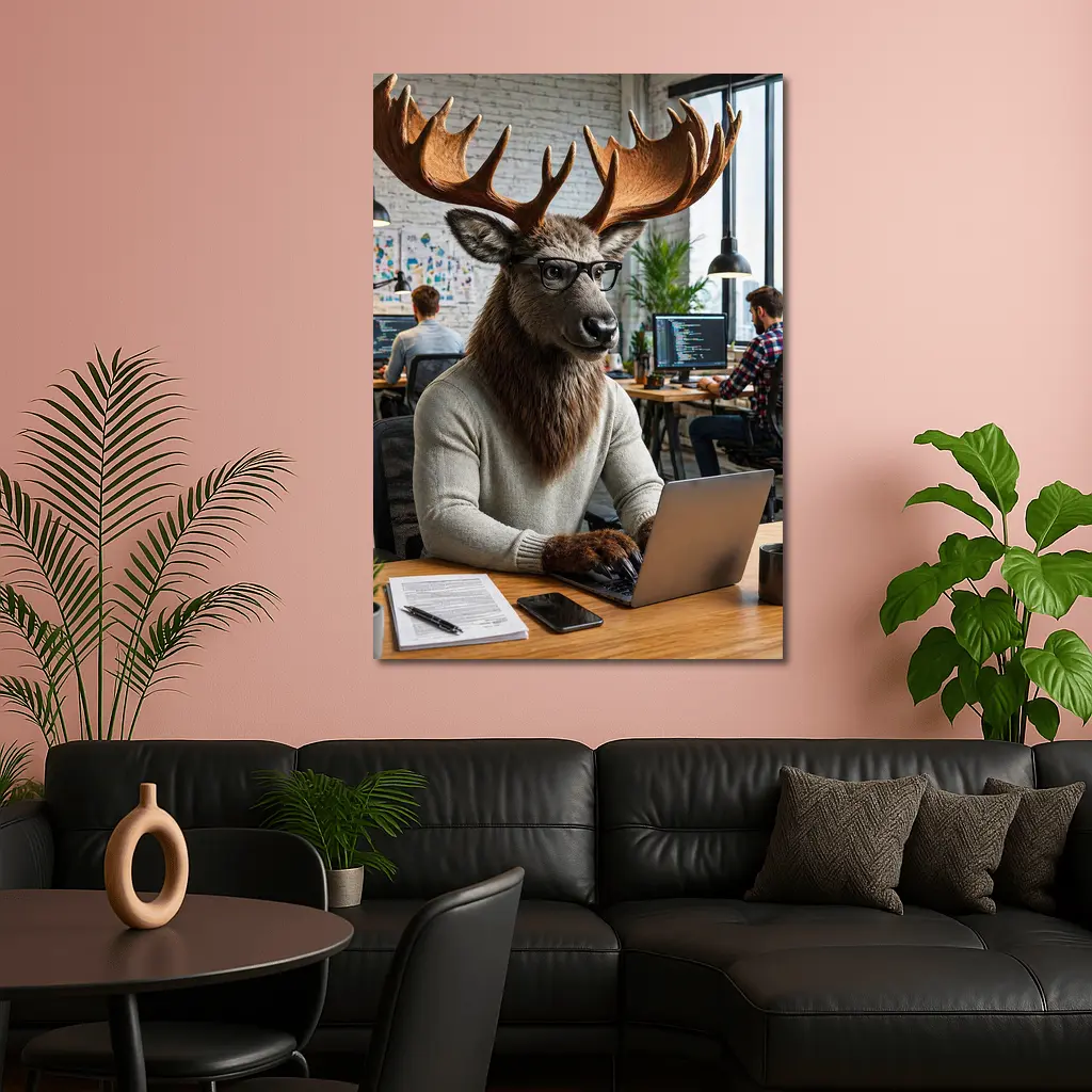 Moose Programmer Working Laptop Office Setting – Wall Art