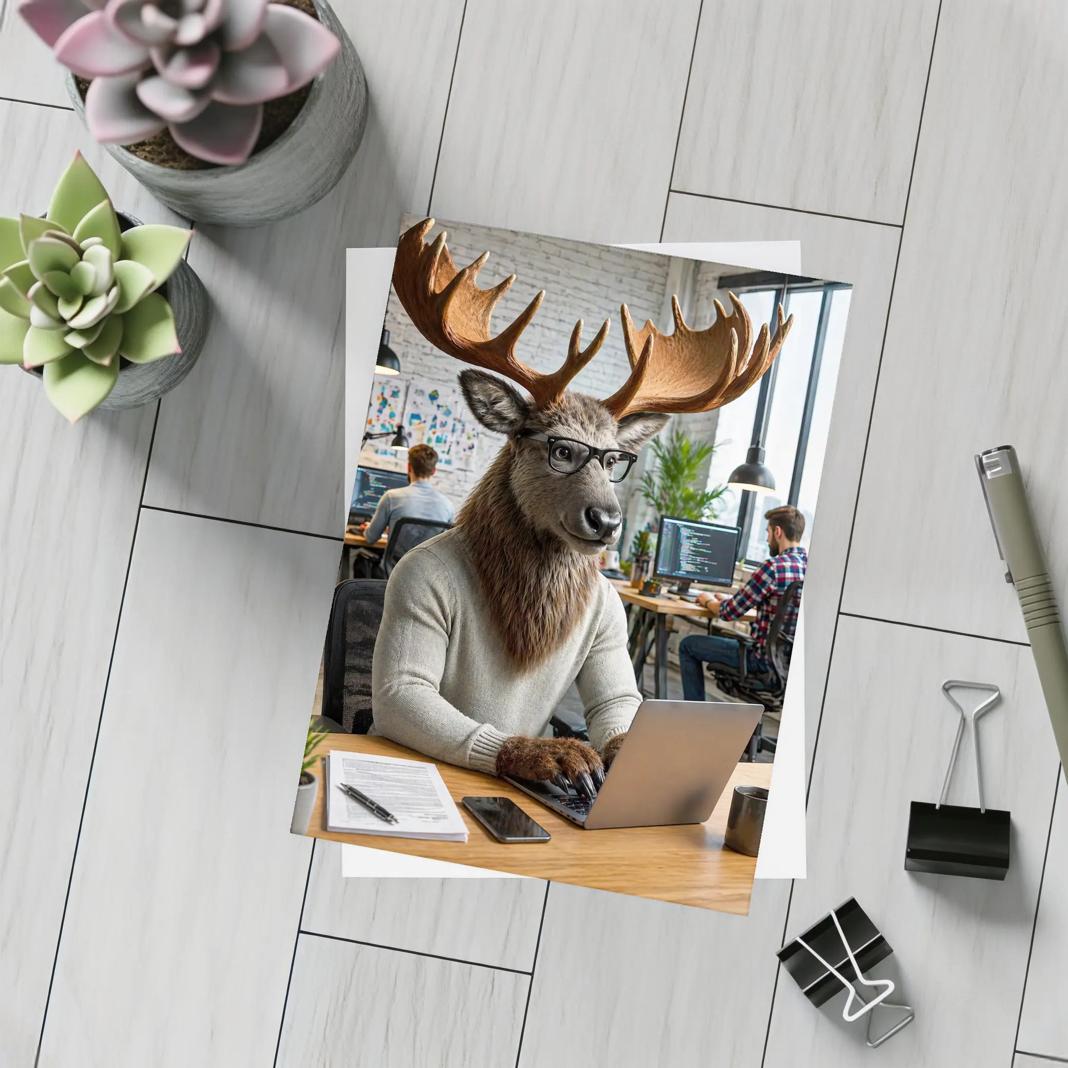 Moose Programmer Working Laptop Office Setting – Postcards