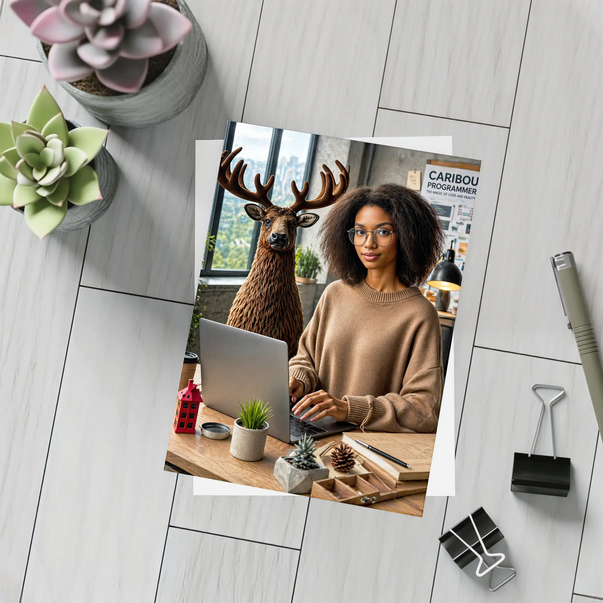 Caribou Programmer Woman Coding Office Setting – Postcards