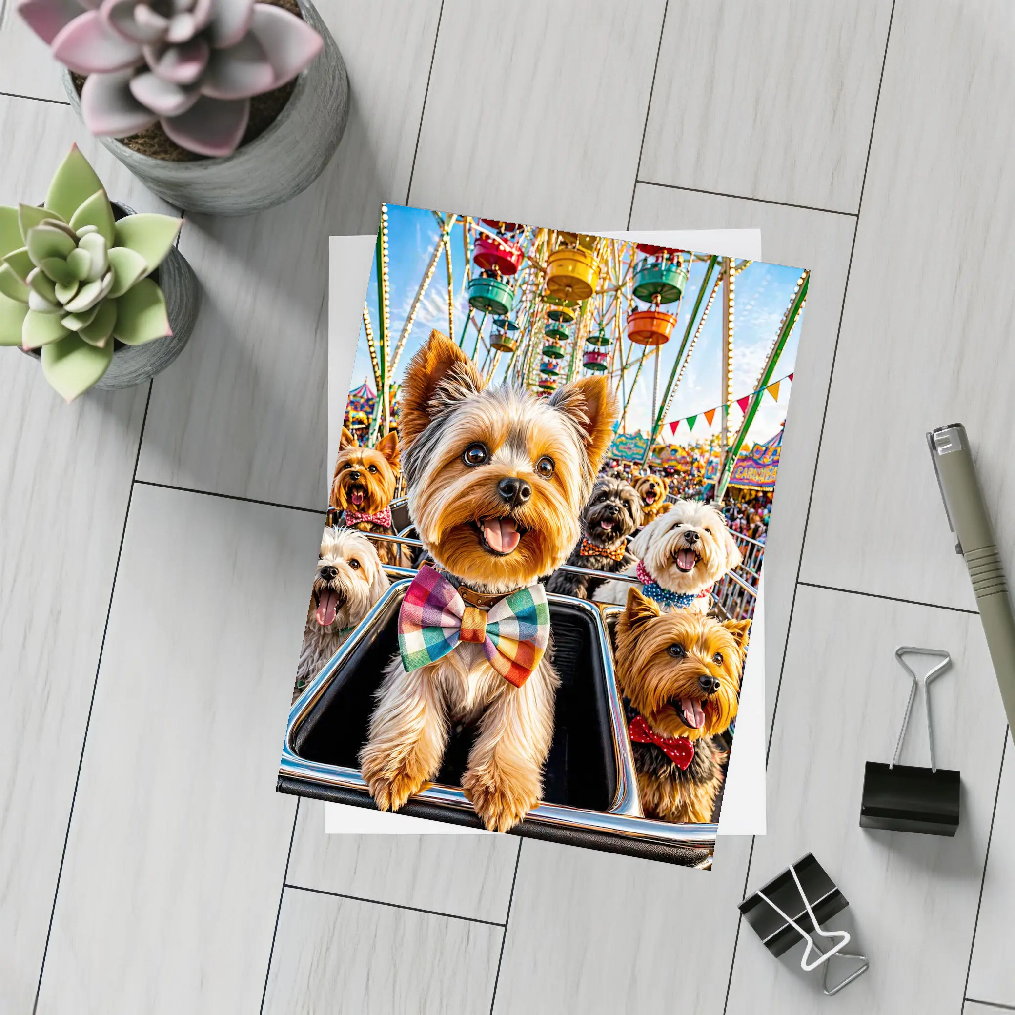 Yorkshire Terriers at Colorful Carnival Fair – Postcards