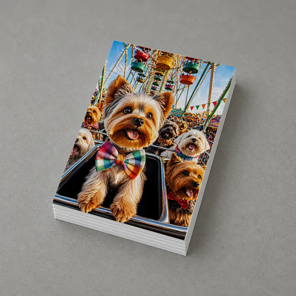 Yorkshire Terriers at Colorful Carnival Fair – Postcards