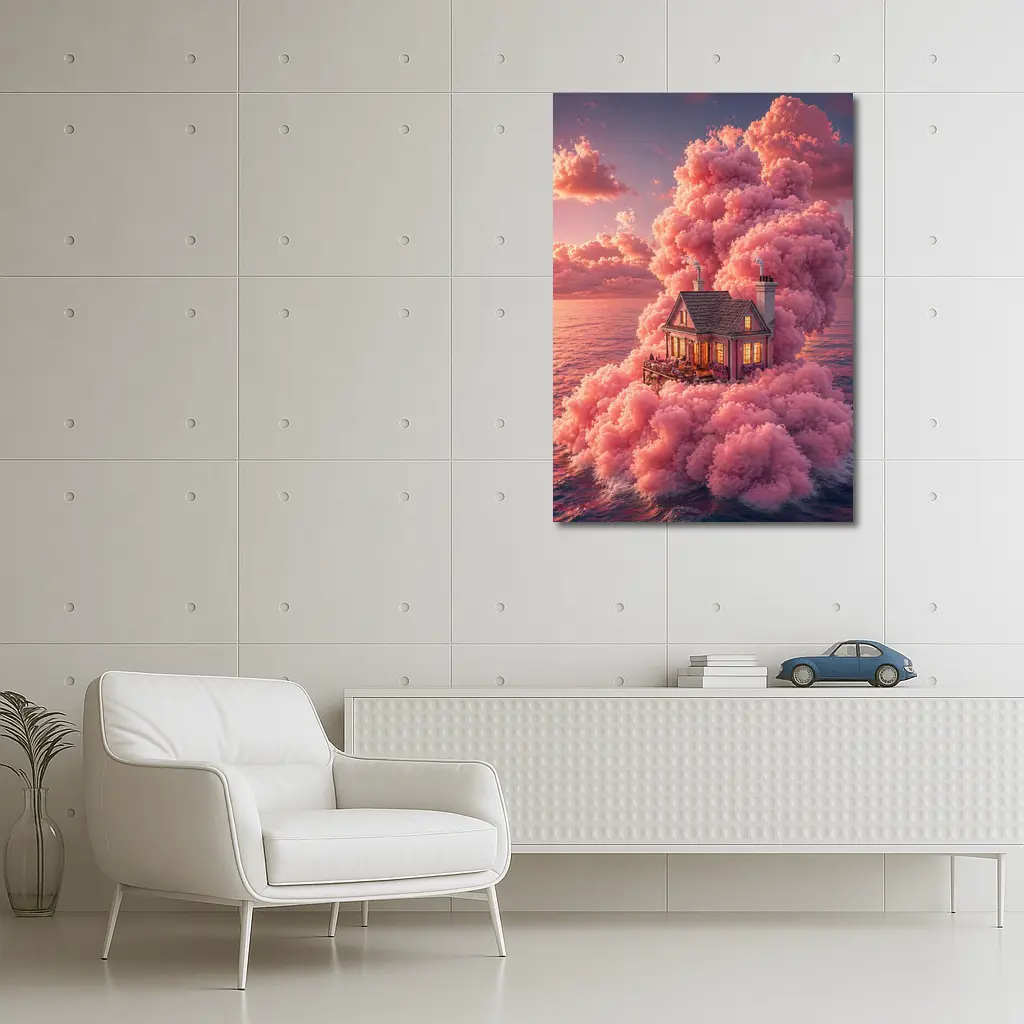 Cozy House Surrounded By Pink Clouds Ocean – Wall Art