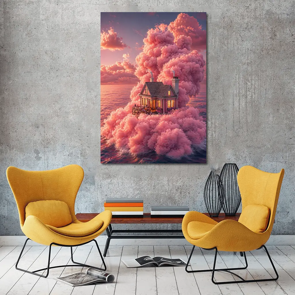 Cozy House Surrounded By Pink Clouds Ocean – Wall Art