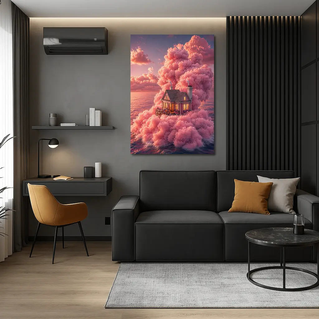 Cozy House Surrounded By Pink Clouds Ocean – Wall Art