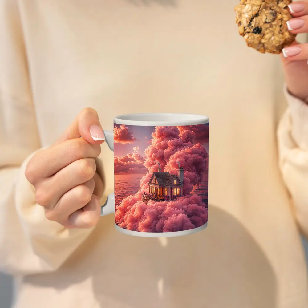 Cozy House Surrounded By Pink Clouds Ocean – Mugs