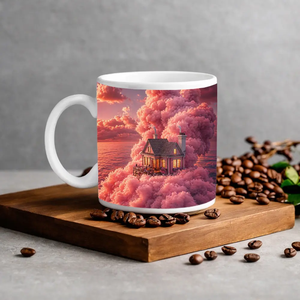 Cozy House Surrounded By Pink Clouds Ocean – Mugs