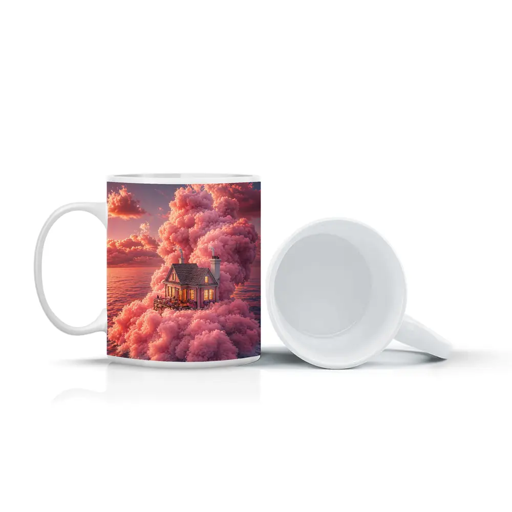 Cozy House Surrounded By Pink Clouds Ocean – Mugs