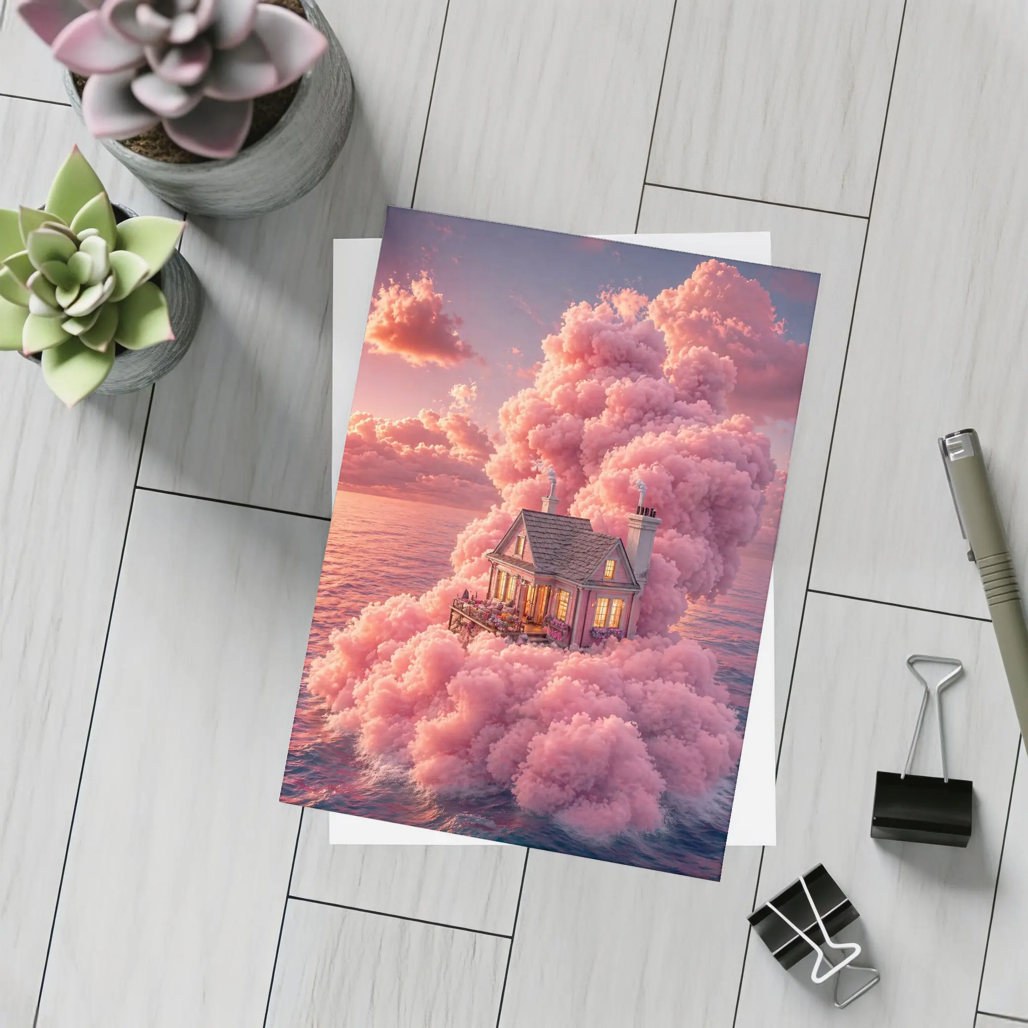 Cozy House Surrounded By Pink Clouds Ocean – Postcards