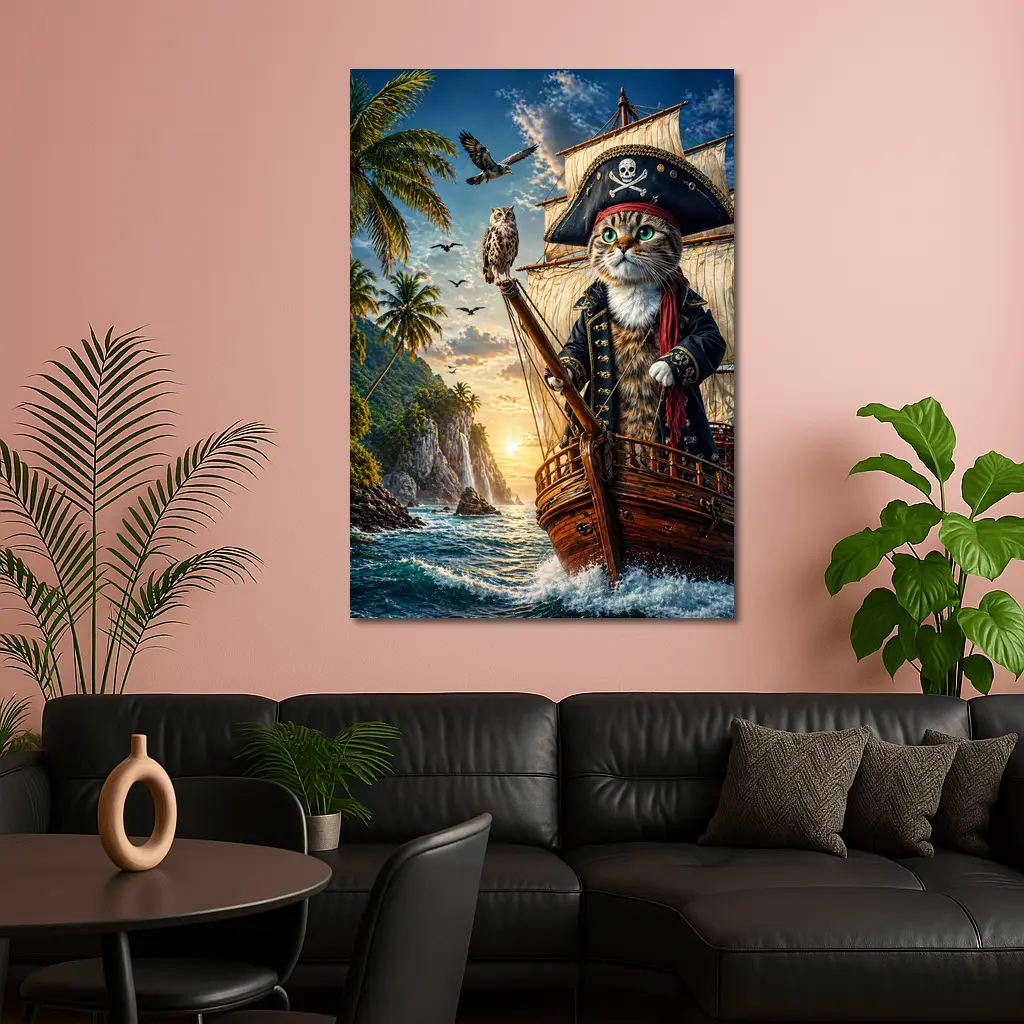 Pirate Cat Captain Sailing Tropical Island Sunset – Wall Art