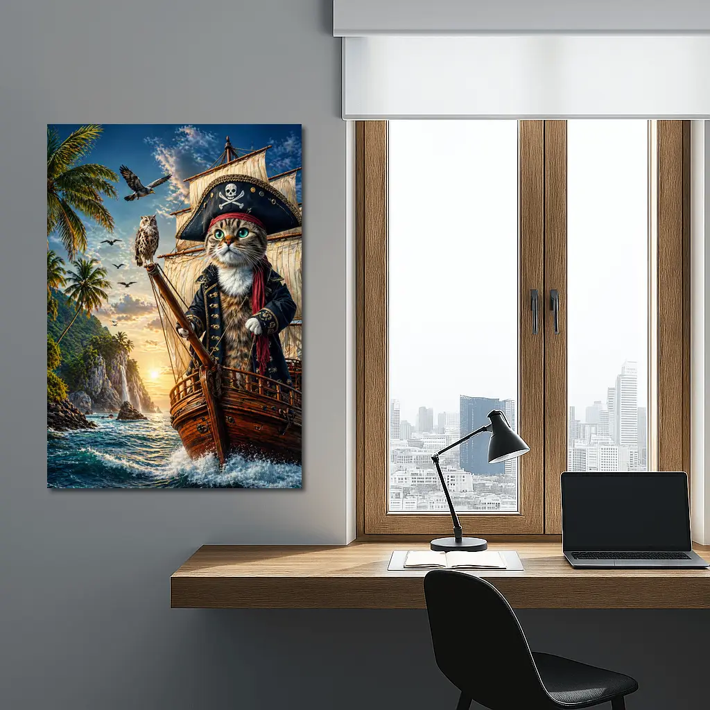 Pirate Cat Captain Sailing Tropical Island Sunset – Wall Art