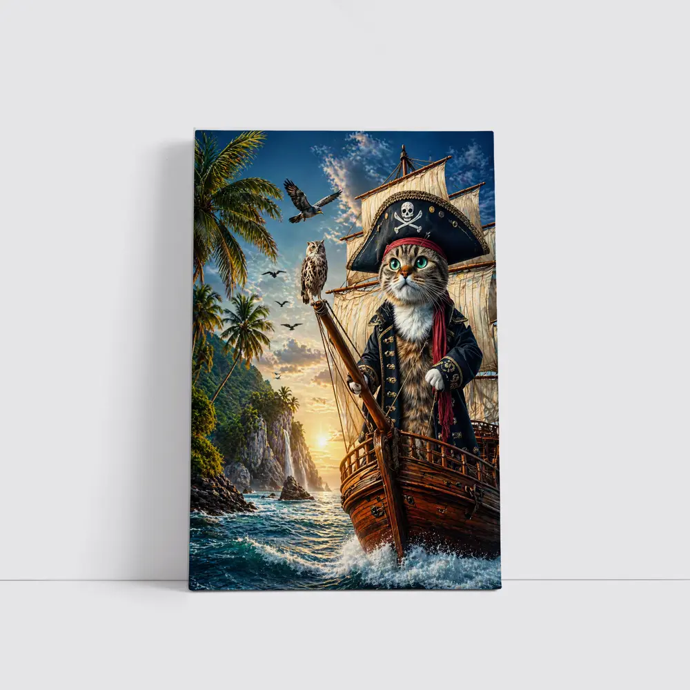 Pirate Cat Captain Sailing Tropical Island Sunset – Wall Art