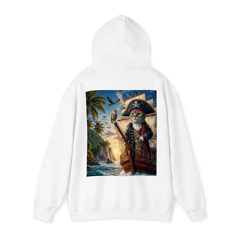 Pirate Cat Captain Sailing Tropical Island Sunset – Hoodies