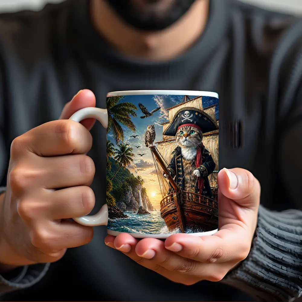 Pirate Cat Captain Sailing Tropical Island Sunset – Mugs