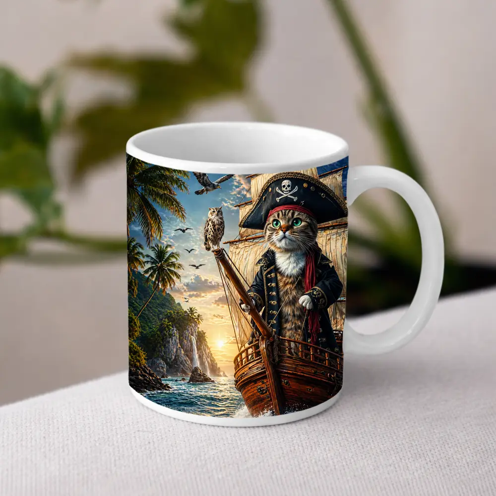 Pirate Cat Captain Sailing Tropical Island Sunset – Mugs