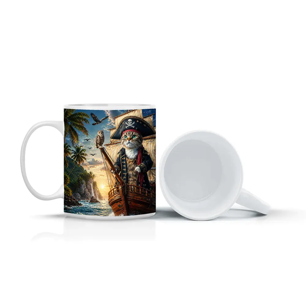 Pirate Cat Captain Sailing Tropical Island Sunset – Mugs
