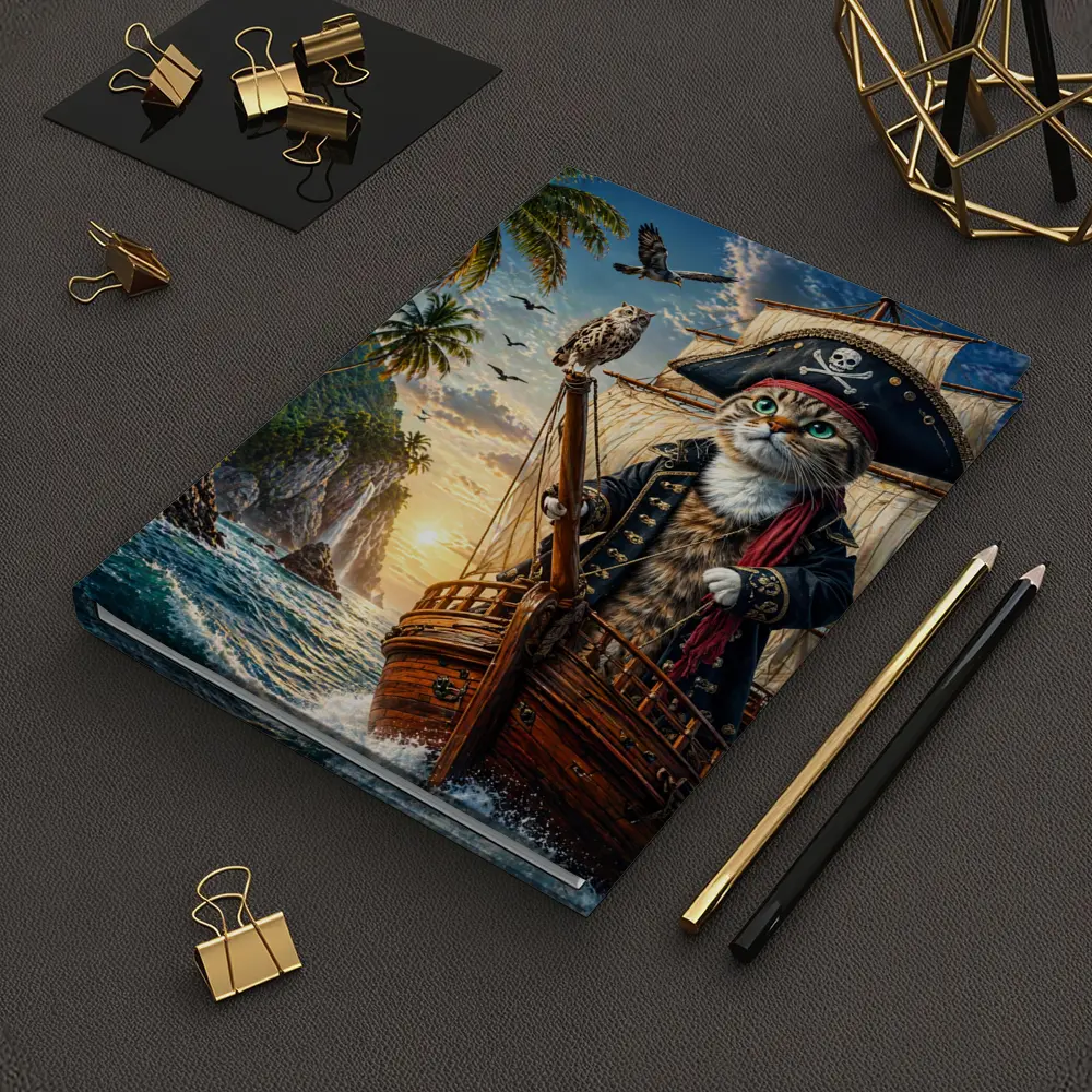 Pirate Cat Captain Sailing Tropical Island Sunset – Notebooks