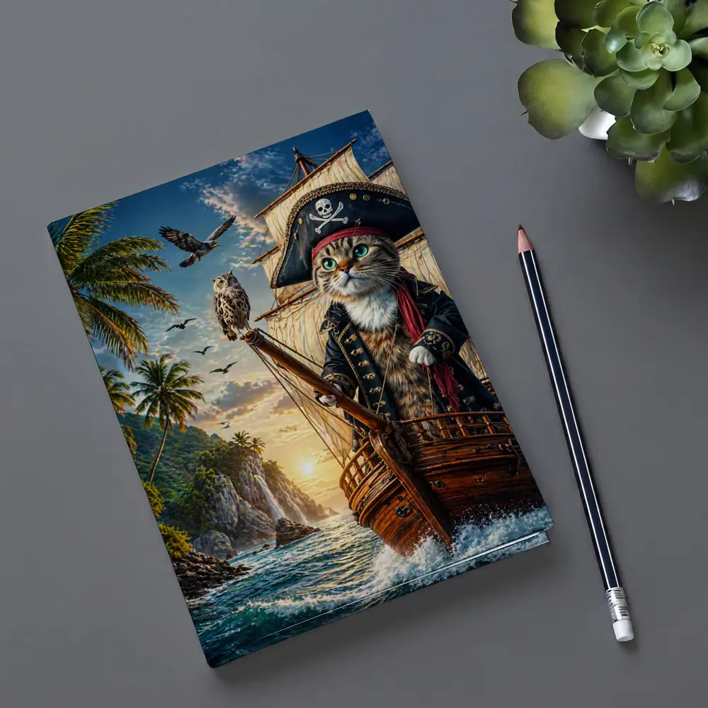 Pirate Cat Captain Sailing Tropical Island Sunset – Notebooks