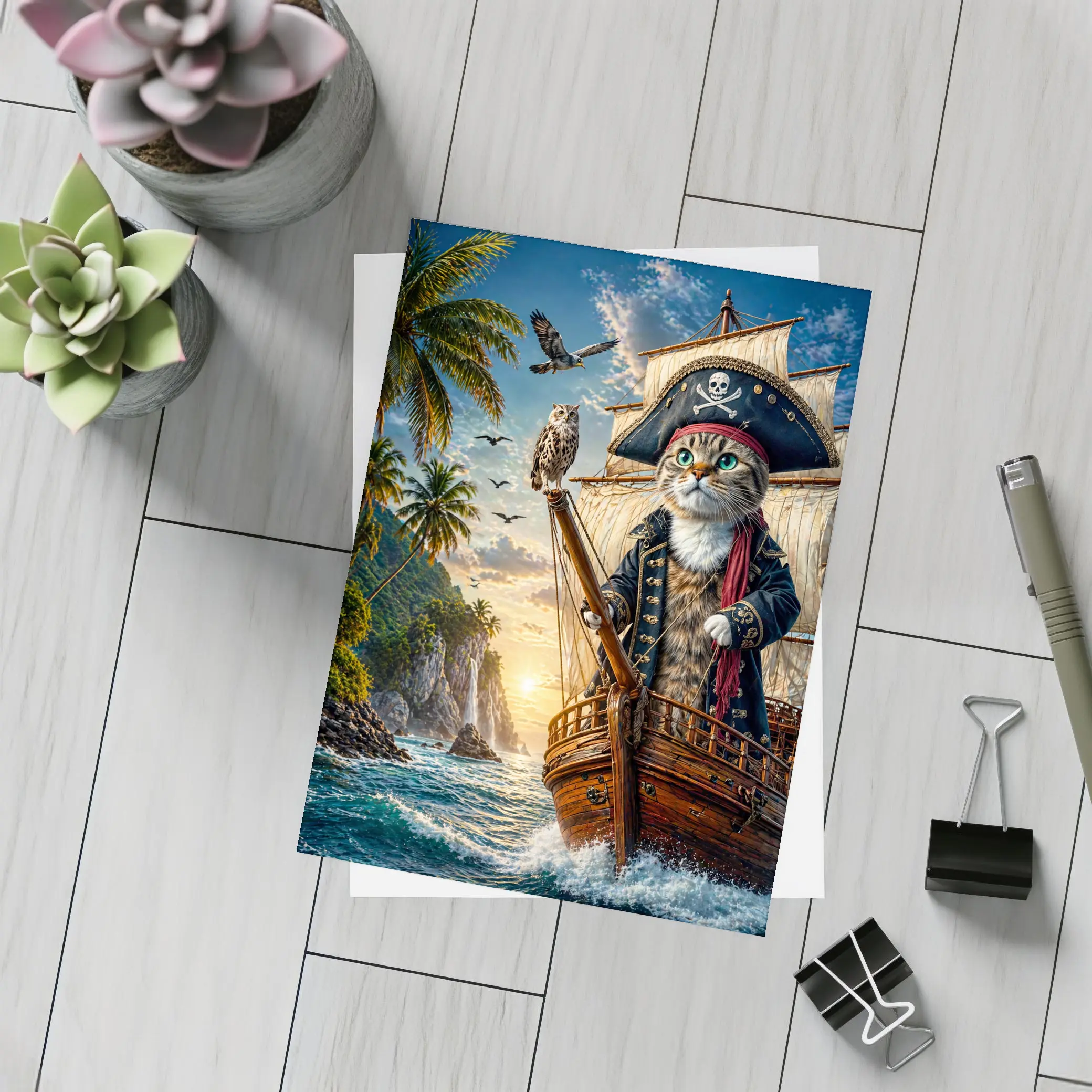 Pirate Cat Captain Sailing Tropical Island Sunset – Postcards