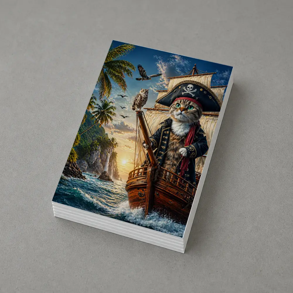Pirate Cat Captain Sailing Tropical Island Sunset – Postcards