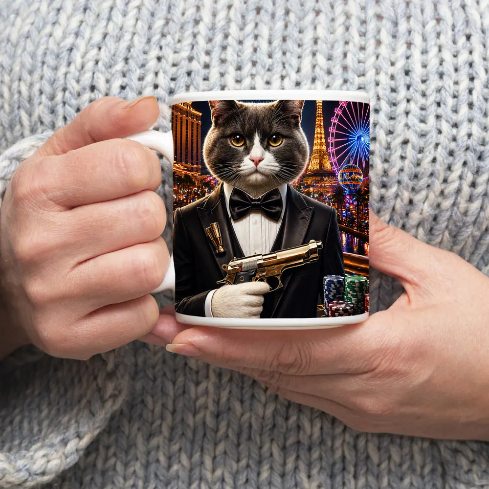 Gray Cat Spy Tuxedo Las Vegas Casino – Mugs