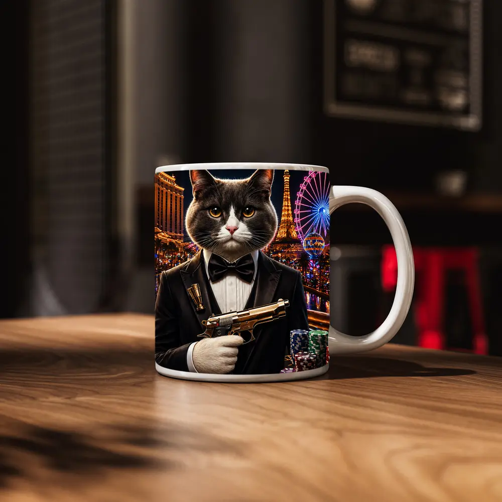 Gray Cat Spy Tuxedo Las Vegas Casino – Mugs