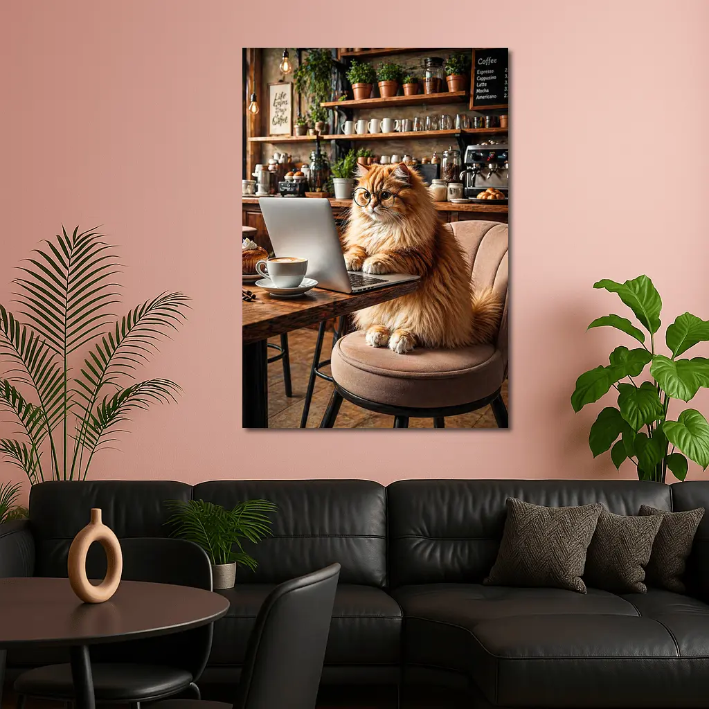 Persian Cat Working Laptop Cozy Coffee Shop – Wall Art