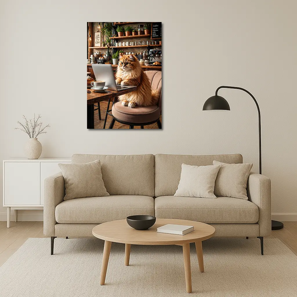 Persian Cat Working Laptop Cozy Coffee Shop – Wall Art