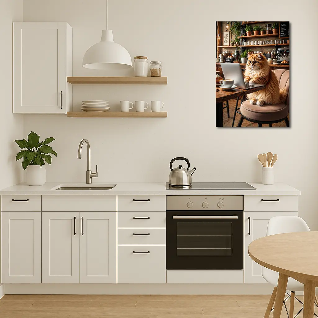 Persian Cat Working Laptop Cozy Coffee Shop – Wall Art